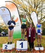21 October 2018; Deputy Mayor of Fingal Cllr. Grainne Maguire with the Senior Women's top 3, Shona Heaslip of An Riocht A.C. Co. Kerry, centre, with Mhairi McClennan of Scotland, left, and Fionnuala Ross of Armagh A.C., Co. Armagh, during the Autumn Open International Cross Country Festival at the National Sports Campus in Abbottstown, Dublin. Photo by Harry Murphy/Sportsfile