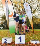 21 October 2018; The Senior Women's top 3, Shona Heaslip of An Riocht A.C. Co. Kerry, centre, with Mhairi McClennan of Scotland, left, and Fionnuala Ross of Armagh A.C., Co. Armagh, during the Autumn Open International Cross Country Festival at the National Sports Campus in Abbottstown, Dublin. Photo by Harry Murphy/Sportsfile