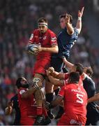 21 October 2018; Florian Verhaeghe of Toulouse claims a lineout ahead of James Ryan of Leinster during the Heineken Champions Cup Pool 1 Round 2 match between Toulouse and Leinster at Stade Ernest Wallon, in Toulouse, France. Photo by Brendan Moran/Sportsfile