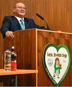22 October 2018; The Football Association of Ireland have teamed up with Brendan & Jenny O'Carroll from Mrs. Brown's Boys, to provide cardiac screening to all children and adolescents from the National League squads. At grassroots level, the initiative will train all coaches around the country in the use of defibrillators, CPR and basic life support. This training is accredited by the Irish Heart Foundation. The FAI began cardiac screening of the Republic of Ireland Under-15 players in 2007 and then extended that to cover domestic league players the following year. This initiative will involve the screening of players in the U-13, U-15, U-17 & U-19 tiers, as well as the U-17s in the Women's National League. Pictured speaking at the launch is creator of Mrs. Brown's Boys Brendan O'Carroll, at the FAI National Training Centre in Abbotstown, Dublin. Photo by Seb Daly/Sportsfile