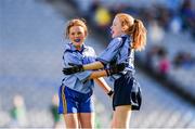 22 October 2018; Ali Henry, left, and Izzy Dowling of Scoil Mhuire, Sandymount, Co. Dublin, celebrate a goal during day 1 of the Allianz Cumann na mBunscol Finals at Croke Park in Dublin.  Photo by Sam Barnes/Sportsfile