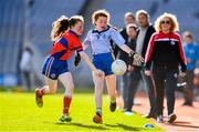 22 October 2018; Catherine Crowley of Scoil Mhuire, Sandymount, Co. Dublin, in action against Aoife Kane of Belgrove Senior GNS, Clontarf, Co. Dublin, during day 1 of the Allianz Cumann na mBunscol Finals at Croke Park in Dublin.  Photo by Sam Barnes/Sportsfile