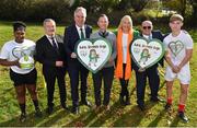 22 October 2018; The Football Association of Ireland have teamed up with Brendan & Jenny O'Carroll from Mrs. Brown's Boys, to provide cardiac screening to all children and adolescents from the National League squads. At grassroots level, the initiative will train all coaches around the country in the use of defibrillators, CPR and basic life support. This training is accredited by the Irish Heart Foundation. The FAI began cardiac screening of the Republic of Ireland Under-15 players in 2007 and then extended that to cover domestic league players the following year. This initiative will involve the screening of players in the U-13, U-15, U-17 & U-19 tiers, as well as the U-17s in the Women's National League. Pictured at the launch are, from left, Aiso Aikhionbare of Greystones U17, Dr Alan Byrne, FAI Medical Director & Senior Men's Team Doctor, FAI Chief Executive John Delaney, former League of Ireland player Sean Prunty and stars of Mrs. Brown's Boys Jenny Gibney and Brendan O'Carroll and William Chelaru of St Patrick's Athletic U15, at the FAI National Training Centre in Abbotstown, Dublin.  Photo by Seb Daly/Sportsfile
