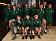 22 October 2018; The Ireland Amputee Squad were pictured today prior to departing for the 2018 Amputee Football World Cup in Mexico. Ireland will play against Mexico, England and Uruguay in Group A, between 27-30th October. Pictured are, back row from left, Chris McElligott, Justin Guiney, Ruairi Murphy, James Conroy, Simon Baker, Fergal Duffy, James Boyle and Stefan Balog, front row from left, Garry Hoey, Neil Hoey and Kévan O'Rourke, at the Maldron Hotel in Dublin Airport. Photo by Seb Daly/Sportsfile