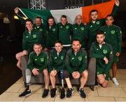 22 October 2018; The Ireland Amputee Squad were pictured today prior to departing for the 2018 Amputee Football World Cup in Mexico. Ireland will play against Mexico, England and Uruguay in Group A, between 27-30th October. Pictured are, back row from left, Chris McElligott, Justin Guiney, Ruairi Murphy, James Conroy, Simon Baker, Fergal Duffy, James Boyle and Stefan Balog, front row from left, Garry Hoey, Neil Hoey and Kévan O'Rourke, at the Maldron Hotel in Dublin Airport. Photo by Seb Daly/Sportsfile