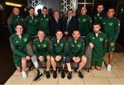 22 October 2018; The Ireland Amputee Squad were pictured today prior to departing for the 2018 Amputee Football World Cup in Mexico. Ireland will play against Mexico, England and Uruguay in Group A, between 27-30th October. Pictured are, back row from left, Chris McElligott, Ruairi Murphy, James Conroy, Colm Young, FAI Senior Council Representative for Football For All, FAI President Donal Conway, Simon Baker, James Boyle and Stefan Balog, front row from left, Justin Guiney, Garry Hoey, Neil Hoey, Kévan O'Rourke and Fergal Duffy, at the Maldron Hotel in Dublin Airport. Photo by Seb Daly/Sportsfile