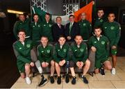 22 October 2018; The Ireland Amputee Squad were pictured today prior to departing for the 2018 Amputee Football World Cup in Mexico. Ireland will play against Mexico, England and Uruguay in Group A, between 27-30th October. Pictured are, back row from left, Chris McElligott, Ruairi Murphy, James Conroy, Colm Young, FAI Senior Council Representative for Football For All, FAI President Donal Conway, Simon Baker, James Boyle and Stefan Balog, front row from left, Justin Guiney, Garry Hoey, Neil Hoey, Kévan O'Rourke and Fergal Duffy, at the Maldron Hotel in Dublin Airport. Photo by Seb Daly/Sportsfile