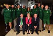 22 October 2018; The Ireland Amputee Squad were pictured today prior to departing for the 2018 Amputee Football World Cup in Mexico. Ireland will play against Mexico, England and Uruguay in Group A, between 27-30th October. Pictured are, back row from left, Chris McElligott, Martin Whyte, Physiotherapist, Nick Harrison, Coach, Oisin Jordan, Football For All National Coordinator, Karen Keogh, Treasurer, Dave Bell, Assistant Coach, Jim Nugent, Goalkeeping Coach, Daniel Boyle, Kitman, and Garry Hoey, Player and Committee Member, front row from left, Colm Young, FAI Senior Council Representative for Football For All, Janice Dunwoody, Chairperson Irish Amputee Football Association, and FAI President Donal Conway, at the Maldron Hotel in Dublin Airport. Photo by Seb Daly/Sportsfile