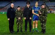 22 October 2018; Man of the match Brendan Murphy of An Garda Síochána is presented with his award by, from left, Detective Sergeant Brian Willoughby, Major General Kieran Brennan, Assistant Commissioner of An Garda Síochána Fintan Fanning, and Chief of Staff Mark Mellet after the John Morley Memorial Cup match between The Irish Defence Forces and An Garda Síochána at Croke Park in Dublin.  Photo by Piaras Ó Mídheach/Sportsfile