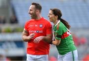 23 October 2018; Former Munster and Ireland rugby player Tomás O'Leary, representing Cork, with Joanne Cantwell, RTÉ Sport presenter, representing Mayo, during the Charity Croke Park Challenge 2018 Self Help Africa match between Cork and Mayo at Croke Park in Dublin. Photo by Piaras Ó Mídheach/Sportsfile