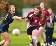 24 October 2018; Kate Buckley of Kerry CFE in action against Seoirse Duffy of DCU 3 during the Junior Semi Final during the 2018 Gourmet Food Parlour HEC Freshers Blitz at Dublin City University in Dublin. Photo by Matt Browne/Sportsfile