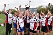 24 October 2018; IT Sligo team captains Ann Sheridan, left, and Rachael Connelly lift the cup as their team-mates celebrate after the Intermediate final against Maynooth University at the 2018 Gourmet Food Parlour HEC Freshers Blitz at Dublin City University in Dublin. Photo by Matt Browne/Sportsfile