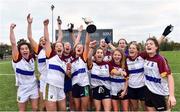 24 October 2018; UL captain Roisin Ambrose lifts the cup as her team-mates celebrate after the Senior final against Mary Immaculate College Limerick at the 2018 Gourmet Food Parlour HEC Freshers Blitz at Dublin City University in Dublin. Photo by Matt Browne/Sportsfile