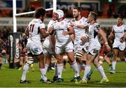 26 October 2018; Henry Speight, left, of Ulster is congratulated by Rory Best after scoring his side's first try during the Guinness PRO14 Round 7 match between Ulster and Dragons at the Kingspan Stadium in Belfast. Photo by Oliver McVeigh/Sportsfile