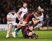 26 October 2018; Jordi Murphy of Ulster is tackled by Nic Cudd of Dragons during the Guinness PRO14 Round 7 match between Ulster and Dragons at the Kingspan Stadium in Belfast. Photo by Oliver McVeigh/Sportsfile