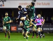 26 October 2018; Tiernan O’Halloran of Connacht wins a high ball ahead of Sam Davies of Ospreys during the Guinness PRO14 Round 7 match between Ospreys and Connacht at Morganstone Brewery Field in Bridgend, Wales. Photo by Be Evans/Sportsfile