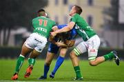 27 October 2018; Ross Byrne of Leinster is tackled by Monty Loane, left, and Federico Ruzza of Benetton during the Guinness PRO14 Round 7 match between Benetton and Leinster at Stadio Comunale Di Monigo in Treviso, Italy. Photo by Sam Barnes/Sportsfile