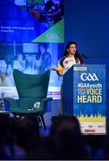 27 October 2018; Una Synnott, Wexford camogie player, speaking during the #GAAyouth Forum 2018 at Croke Park in Dublin. Photo by Piaras Ó Mídheach/Sportsfile
