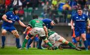 27 October 2018; Max Deegan of Leinster  is tackled by Giovanni Pettinelli, left, and Michele Lamaro of Benetton during the Guinness PRO14 Round 7 match between Benetton and Leinster at Stadio Comunale Di Monigo in Treviso, Italy. Photo by Sam Barnes/Sportsfile