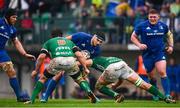 27 October 2018; Max Deegan of Leinster  is tackled by Giovanni Pettinelli, left, and Michele Lamaro of Benetton during the Guinness PRO14 Round 7 match between Benetton and Leinster at Stadio Comunale Di Monigo in Treviso, Italy. Photo by Sam Barnes/Sportsfile