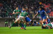 27 October 2018; Conor O'Brien of Leinster goes over to score his side's third try despite the attention of Michele Lamaro of Benetton during the Guinness PRO14 Round 7 match between Benetton and Leinster at Stadio Comunale Di Monigo in Treviso, Italy. Photo by Sam Barnes/Sportsfile