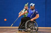 27 October 2018; John Scott of Leinster in action against James McCarthy of Munster during the M.Donnelly GAA Wheelchair Hurling All-Ireland Finals match between Munster and Leinster at the Sport Ireland National Indoor Arena in Abbotstown, Dublin. Photo by Barry Cregg/Sportsfile