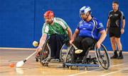 27 October 2018; Lorcan Madden of Leinster in action against James McCarthy of Munster during the M.Donnelly GAA Wheelchair Hurling All-Ireland Finals match between Munster and Leinster at the Sport Ireland National Indoor Arena in Abbotstown, Dublin. Photo by Barry Cregg/Sportsfile