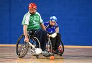 27 October 2018; Lorcan Madden of Leinster in action against Maurice Noonan of Munster during the M.Donnelly GAA Wheelchair Hurling All-Ireland Finals match between Munster and Leinster at the Sport Ireland National Indoor Arena in Abbotstown, Dublin. Photo by Barry Cregg/Sportsfile
