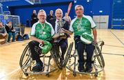 27 October 2018; Uachtarán Cumann Lúthchleas Gael John Horan with Leinster captain Sean Bennett, left, and Paul Tobin of Leinster following the M.Donnelly GAA Wheelchair Hurling All-Ireland Finals match between Munster and Leinster at the Sport Ireland National Indoor Arena in Abbotstown, Dublin. Photo by Barry Cregg/Sportsfile