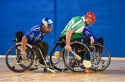 27 October 2018; Lorcan Madden of Leinster in action against Sultan Ka Ka of Munster during the M.Donnelly GAA Wheelchair Hurling All-Ireland Finals match between Munster and Leinster at the Sport Ireland National Indoor Arena in Abbotstown, Dublin. Photo by Barry Cregg/Sportsfile