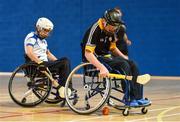 27 October 2018; Ruairi McDermotty of Ulster in action against Peter Egan of Connacht during the M.Donnelly GAA Wheelchair Hurling All-Ireland Finals match between Ulster and Connacht at the Sport Ireland National Indoor Arena in Abbotstown, Dublin. Photo by Barry Cregg/Sportsfile