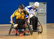 27 October 2018; Harry Turkington of Ulster in action against Aidan Hynes of Connacht during the M.Donnelly GAA Wheelchair Hurling All-Ireland Finals match between Ulster and Connacht at the Sport Ireland National Indoor Arena in Abbotstown, Dublin. Photo by Barry Cregg/Sportsfile