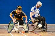 27 October 2018; Conn Nagle of Ulster in action against Aidan Hynes of Connacht during the M.Donnelly GAA Wheelchair Hurling All-Ireland Finals match between Ulster and Connacht at the Sport Ireland National Indoor Arena in Abbotstown, Dublin. Photo by Barry Cregg/Sportsfile