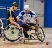 27 October 2018; Conn Nagle of Ulster in action against Pat Carty of Connacht during the M.Donnelly GAA Wheelchair Hurling All-Ireland Finals match between Ulster and Connacht at the Sport Ireland National Indoor Arena in Abbotstown, Dublin. Photo by Barry Cregg/Sportsfile