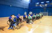 27 October 2018; Leinster and Munster players shakes hands prior to the M.Donnelly GAA Wheelchair Hurling All-Ireland Finals match between Munster and Leinster at the Sport Ireland National Indoor Arena in Abbotstown, Dublin. Photo by Barry Cregg/Sportsfile