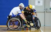 27 October 2018; Peadar Heffron of Ulster in action against Aidan Hynes, left, and Peter Egan of Connacht during the M.Donnelly GAA Wheelchair Hurling All-Ireland Finals match between Munster and Leinster at the Sport Ireland National Indoor Arena in Abbotstown, Dublin. Photo by Barry Cregg/Sportsfile