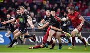 27 October 2018; Nick Grigg of Glasgow Warriors is tackled by Mike Haley, left, and Peter O’Mahony of Munster during the Guinness PRO14 Round 7 match between Munster and Glasgow Warriors at Thomond Park, Limerick. Photo by Brendan Moran/Sportsfile