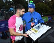 28 October 2018; Keith Russell, left, with race director Jim Aughney prior to the 2018 SSE Airtricity Dublin Marathon. Keith’s daughter Alanna Russell was the youngest-ever competitor in the Dublin Marathon, when her devoted dad pushed her along the course in a wheelchair in 2017, raising over €65,000 to buy a new minibus for the Meadows Respite Centre in Navan. Keith will run the 2018 SSE Airtricity Dublin Marathon in memory of his dear daughter. Photo by Ramsey Cardy/Sportsfile