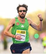 28 October 2018; Mick Clohisey of Raheny Shamrock A.C., Co. Dublin, crosses the line to become the Athletics Ireland National Champion, and sixth overall finisher, following the 2018 SSE Airtricity Dublin Marathon. 20,000 runners took to the Fitzwilliam Square start line to participate in the 39th running of the SSE Airtricity Dublin Marathon, making it the fifth largest marathon in Europe. Photo by Ramsey Cardy/Sportsfile