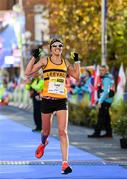 28 October 2018; Lizzie Lee of Leevale AC, Co Cork, crosses the line to become the Athletics Ireland National Women’s Champion at the 2018 SSE Airtricity Dublin Marathon. 20,000 runners took to the Fitzwilliam Square start line to participate in the 39th running of the SSE Airtricity Dublin Marathon, making it the fifth largest marathon in Europe. Photo by Eóin Noonan/Sportsfile