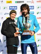 28 October 2018; National Women’s Champion, Lizzie Lee of Leevale AC, Co. Cork, left, and Athletics Ireland National Champion, Mick Clohisey of Raheny Shamrock A.C., Co. Dublin following the 2018 SSE Airtricity Dublin Marathon. 20,000 runners took to the Fitzwilliam Square start line to participate in the 39th running of the SSE Airtricity Dublin Marathon, making it the fifth largest marathon in Europe. Photo by Ramsey Cardy/Sportsfile