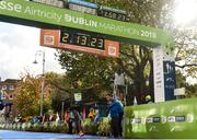 28 October 2018; Asefa Bekele of Ethiopia crosses the line to win the 2018 SSE Airtricity Dublin Marathon. 20,000 runners took to the Fitzwilliam Square start line to participate in the 39th running of the SSE Airtricity Dublin Marathon, making it the fifth largest marathon in Europe. Photo by Eóin Noonan/Sportsfile