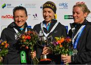 28 October 2018; On the podium following the 2018 SSE Airtricity Dublin Marathon are the top three women finishers, from left, second placed Caitriona Jennings of Letterkenny A.C., Co. Donegal, first placed Lizzie Lee of Leevale A.C., Co. Cork, and third placed Jill Hodgins of Leevale A.C., Co. Cork. 20,000 runners took to the Fitzwilliam Square start line to participate in the 39th running of the SSE Airtricity Dublin Marathon, making it the fifth largest marathon in Europe. Photo by Ramsey Cardy/Sportsfile