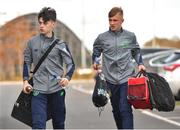 29 October 2018; Ben Quinn, left, and Ben Curtis, right, of Republic of Ireland U15 arrive prior to their Republic of Ireland U15 and Republic of Ireland U16 match at FAI National Training Centre in Abbotstown, Dublin. Photo by Seb Daly/Sportsfile