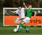 29 October 2018; Kian Corbally of Republic of Ireland U16 in action against Ben Curtis of Republic of Ireland U15 during the Republic of Ireland U15 and Republic of Ireland U16 match at FAI National Training Centre in Abbotstown, Dublin. Photo by Seb Daly/Sportsfile