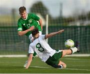 29 October 2018; Evan Ferguson of Republic of Ireland U15 shoots to score his side's first goal, despite the attempts of Kalin Barlow of Republic of Ireland U16, during the Republic of Ireland U15 and Republic of Ireland U16 match at FAI National Training Centre in Abbotstown, Dublin. Photo by Seb Daly/Sportsfile