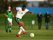 29 October 2018; Sinclair Armstrong of Republic of Ireland U16 shoots to score his side's first goal during the Republic of Ireland U15 and Republic of Ireland U16 match at FAI National Training Centre in Abbotstown, Dublin. Photo by Seb Daly/Sportsfile
