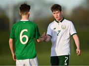 29 October 2018; Kenny Lee of Republic of Ireland U16, right, and John Ryan of Republic of Ireland U15 shake hands following the Republic of Ireland U15 and Republic of Ireland U16 match at FAI National Training Centre in Abbotstown, Dublin. Photo by Seb Daly/Sportsfile