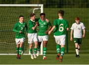 29 October 2018; Glory Nzinga of Republic of Ireland U15, 13, celebrates with team-mates after scoring his side's second goal during the Republic of Ireland U15 and Republic of Ireland U16 match at FAI National Training Centre in Abbotstown, Dublin. Photo by Seb Daly/Sportsfile