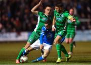 29 October 2018; Nathan Boyle of Finn Harps in action against Shane Tracy and Shane Duggan of Limerick during the SSE Airtricity League Promotion / Relegation Play-off Final 1st leg match between Finn Harps and Limerick FC at Finn Park in Ballybofey Donegal. Photo by Oliver McVeigh/Sportsfile